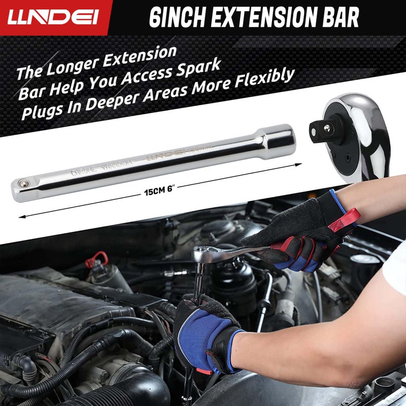 LLNDEI 3/8 Inch Drive Spark Plug Socket Set SAE & Metric  High Visibility 6 Point Sockets CR-V Steel  Mirror Polished Sockets with Rubber Retaining Rings-Spark Plug Removal Tool for Car Repair 7PCS - Image 4
